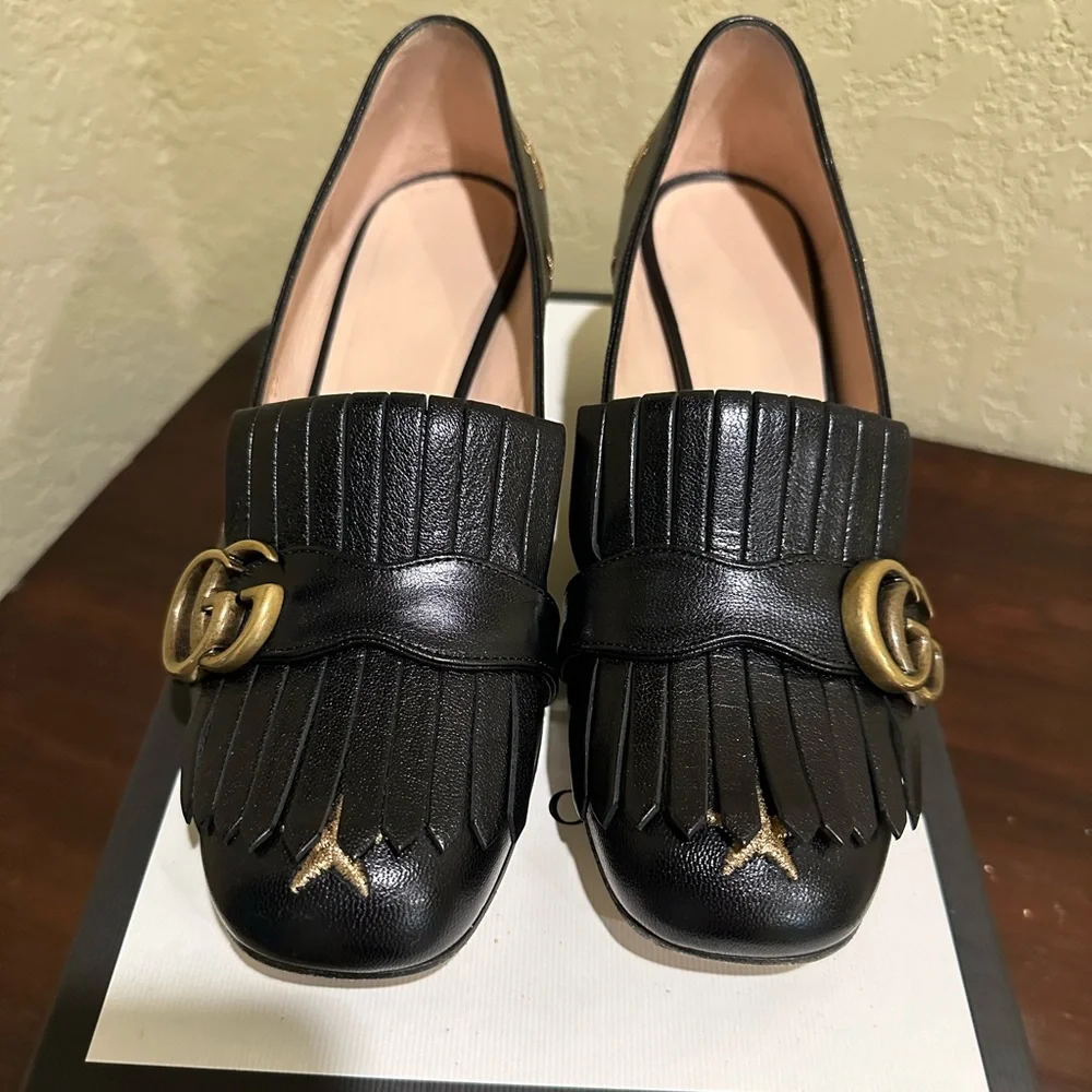 Gucci Black Leather Fringe Pumps with Gold Double G Accents